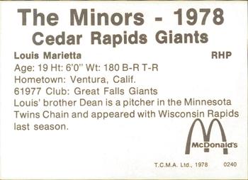 1978 TCMA Cedar Rapids Giants #17 Louis Marietta Back