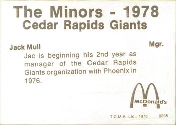 1978 TCMA Cedar Rapids Giants #18 Jack Mull Back