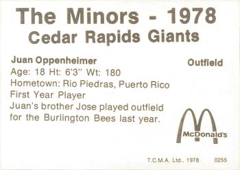 1978 TCMA Cedar Rapids Giants #21 Juan Oppenheimer Back