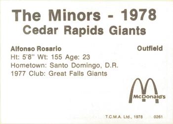 1978 TCMA Cedar Rapids Giants #24 Alfonso Rosario Back