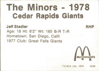1978 TCMA Cedar Rapids Giants #26 Jeff Stadler Back