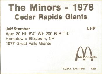 1978 TCMA Cedar Rapids Giants #27 Jeff Stember Back