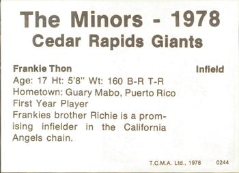 1978 TCMA Cedar Rapids Giants #28 Frankie Thon Back