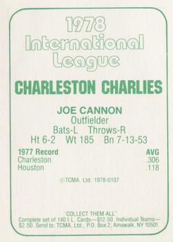 1978 TCMA Charleston Charlies #107 Joe Cannon Back