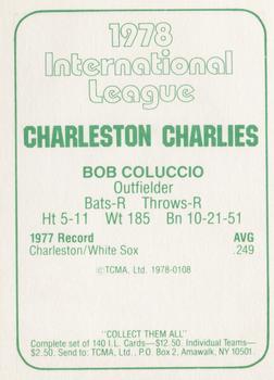 1978 TCMA Charleston Charlies #108 Bob Coluccio Back