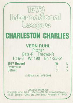1978 TCMA Charleston Charlies #98 Vern Ruhle  Back