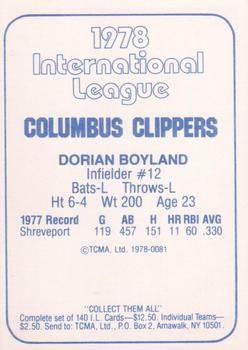 1978 TCMA Columbus Clippers #0081 Dorian Boyland Back