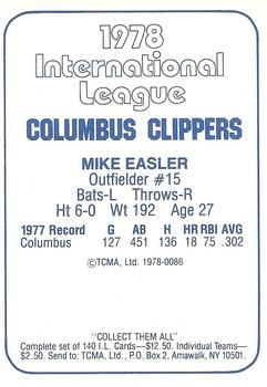 1978 TCMA Columbus Clippers #0086 Mike Easler Back