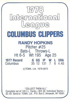 1978 TCMA Columbus Clippers #0072 Randy Hopkins Back