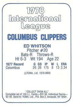 1978 TCMA Columbus Clippers #0069 Ed Whitson Back
