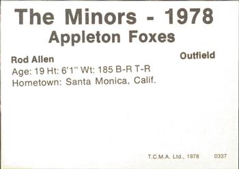 1978 TCMA Appleton Foxes #1 Rod Allen Back