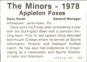 1978 TCMA Appleton Foxes #12 Dave Hersh Back