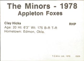 1978 TCMA Appleton Foxes #13 Clay Hicks Back