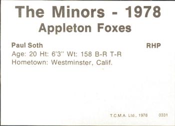 1978 TCMA Appleton Foxes #18 Paul Soth Back