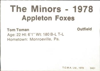 1978 TCMA Appleton Foxes #21 Tom Toman Back