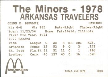 1978 TCMA Arkansas Travelers #0009 Glenn Brummer Back
