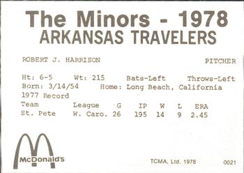 1978 TCMA Arkansas Travelers #0021 R.J. Harrison Back