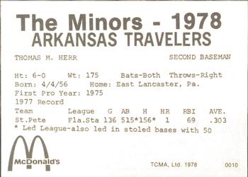 1978 TCMA Arkansas Travelers #0010 Tommy Herr Back
