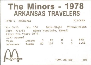 1978 TCMA Arkansas Travelers #0013 Ryan Kurosaki Back