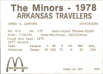 1978 TCMA Arkansas Travelers #0022 Jim Lentine Back