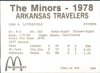 1978 TCMA Arkansas Travelers #0006 John Littlefield Back
