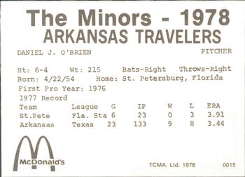 1978 TCMA Arkansas Travelers #0015 Dan O'Brien Back