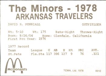 1978 TCMA Arkansas Travelers #0012 Dave Penniall Back