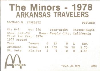 1978 TCMA Arkansas Travelers #0003 Len Strelitz Back