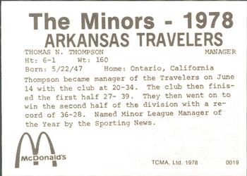 1978 TCMA Arkansas Travelers #0019 Tommy Thompson Back