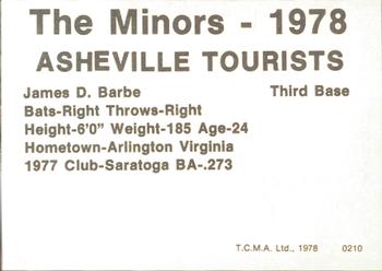 1978 TCMA Asheville Tourists #0210 Jim Barbe Back