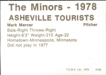1978 TCMA Asheville Tourists #0185 Mark Mercer Back