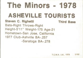 1978 TCMA Asheville Tourists #0192 Steve Righetti Back