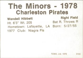 1978 TCMA Charleston Pirates #9 Wendell Hibbett Back