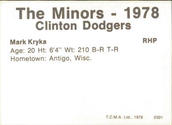 1978 TCMA Clinton Dodgers #0301 Mark Kryka Back