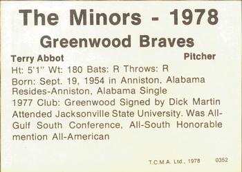 1978 TCMA Greenwood Braves #0352 Terry Abbott Back