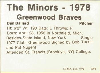 1978 TCMA Greenwood Braves #0356 Dan Ballard Back
