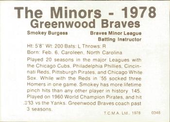 1978 TCMA Greenwood Braves #0348 Smoky Burgess Back