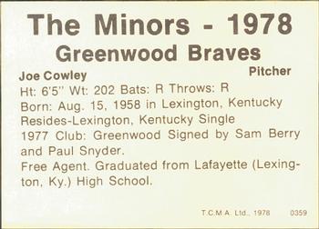 1978 TCMA Greenwood Braves #0359 Joe Cowley Back