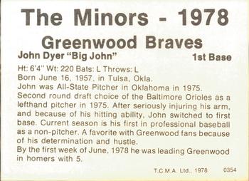 1978 TCMA Greenwood Braves #0354 John Dyer Back