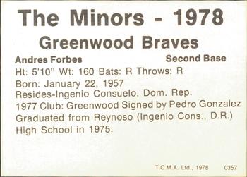 1978 TCMA Greenwood Braves #0357 Andres Forbes Back