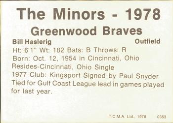 1978 TCMA Greenwood Braves #0353 Bill Haslerig Back