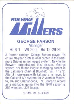 1978 TCMA Holyoke Millers #8 George Farson Back