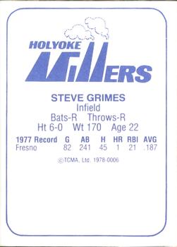 1978 TCMA Holyoke Millers #10 Steve Grimes Back