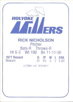 1978 TCMA Holyoke Millers #17 Rick Nicholson Back