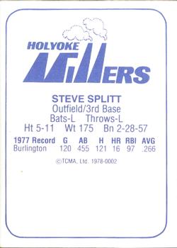 1978 TCMA Holyoke Millers #21 Steve Splitt Back