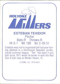 1978 TCMA Holyoke Millers #22 Esteban Texidor Back
