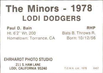 1978 TCMA Lodi Dodgers #1 Paul Bain Back