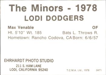 1978 TCMA Lodi Dodgers #23 Max Venable Back