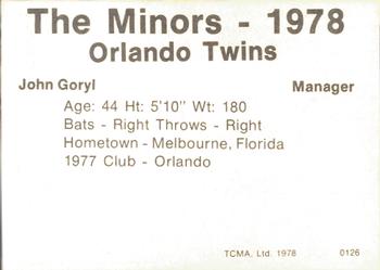 1978 TCMA Orlando Twins #0126 John Goryl Back