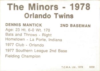 1978 TCMA Orlando Twins #0230 Dennis Mantick Back